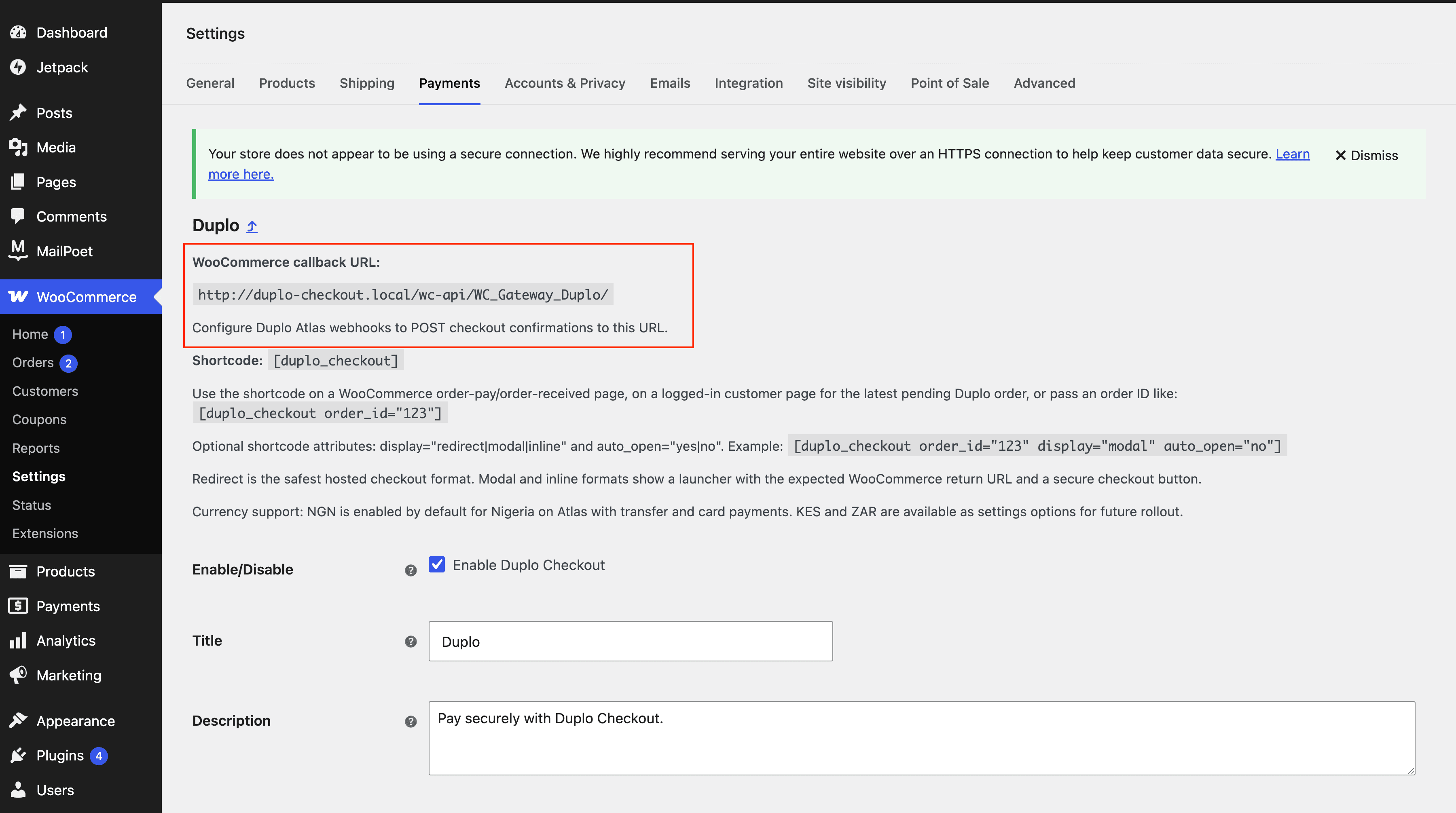 The WooCommerce callback URL field on the Duplo settings page