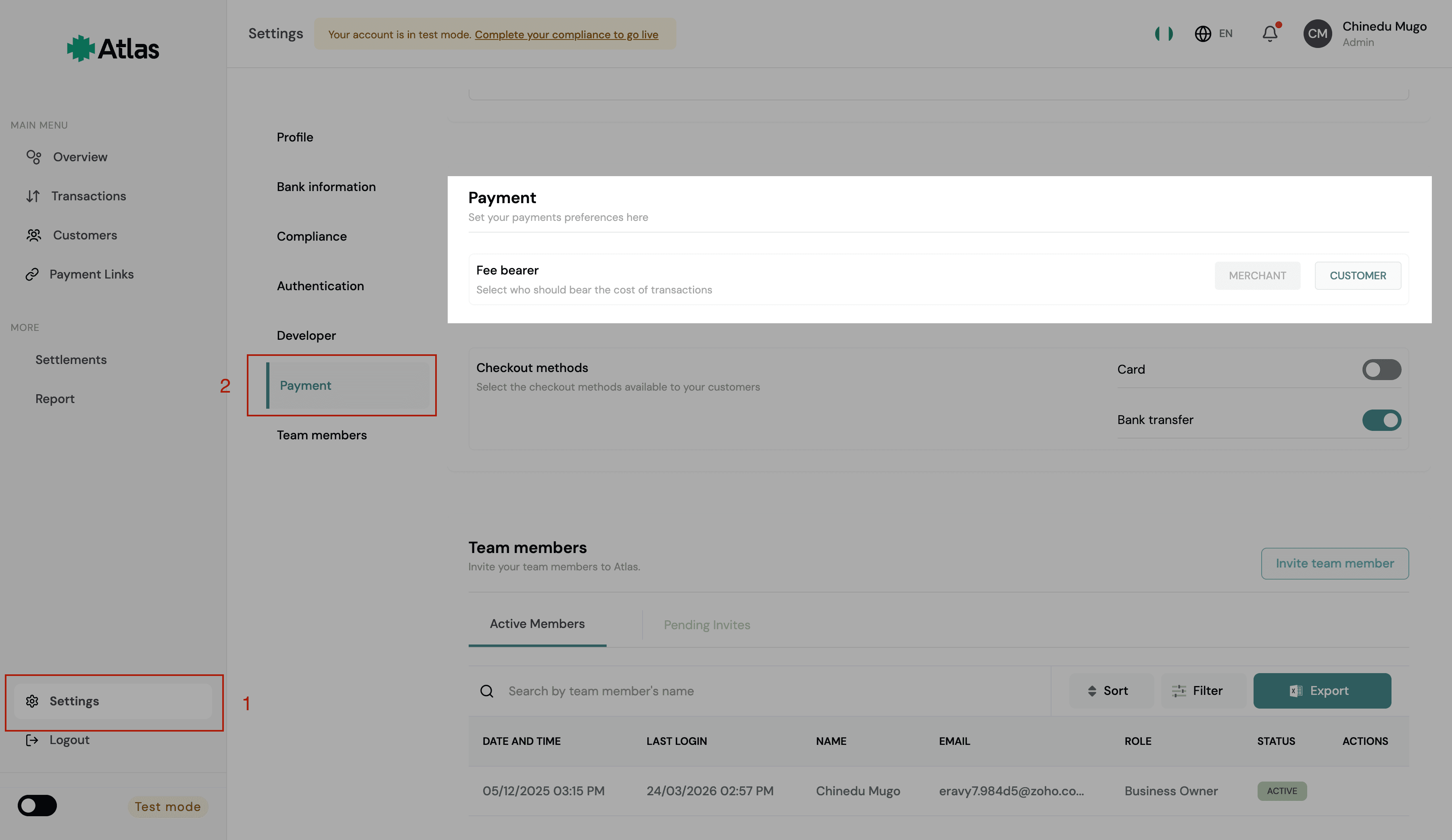Fee bearer setting in Atlas Dashboard under Settings > Payment