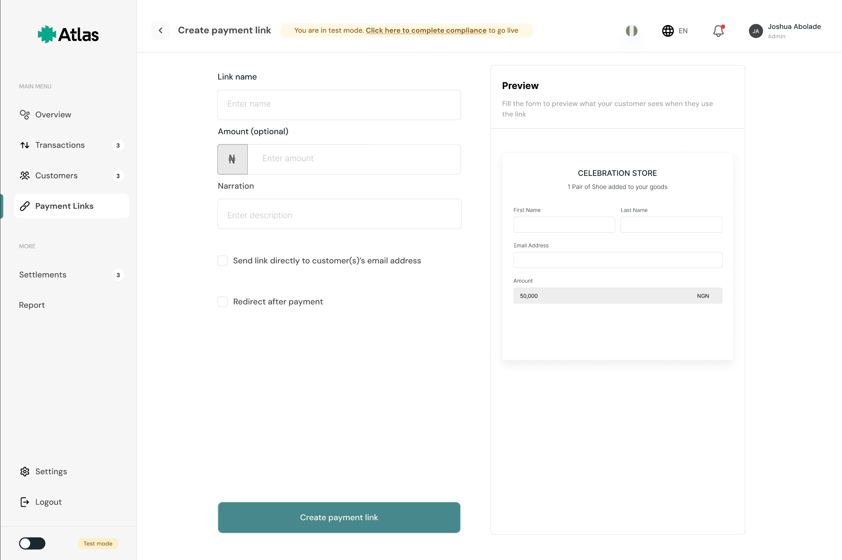 Atlas payment link creation form with fields for link name, narration, amount, email, and redirect URL